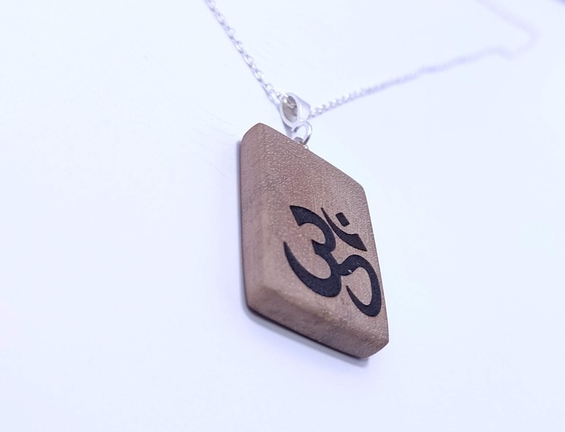 Om Sign Wooden Necklace Engraved Om Sign Wood Pendant Silver Chain Wooden Pendant Walnut Wood Jewelry Gift For Yogi Wooden Jewelry image 2