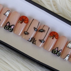 Hand-Painted Halloween Press On Nails: Spooky Doodles, Fall Nail Set