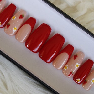 Strawberry Flower Press On Nails: Red Summer Fruit Nail Set