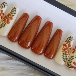 Burnt Orange Flower Press On Nails: Ivory Floral Glitter Nail Set