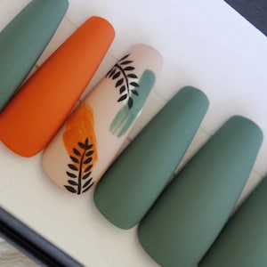 Green and Orange Fall Press on Nail Set Hand-painted Abstract Leaf ...