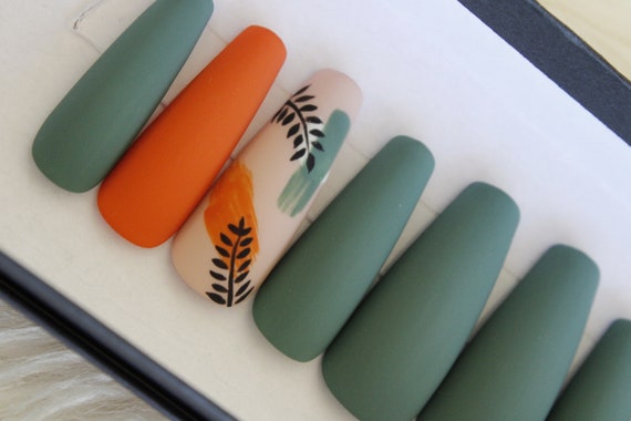 Orange and Green FAMU 24pcs Color Block Press Nails 1sheet Tape & 1pc Nail  File