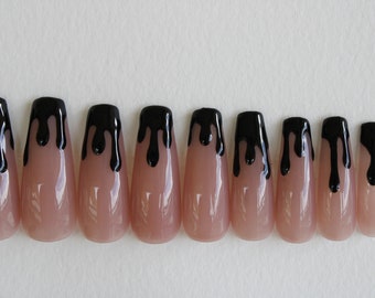 Black Drip Press On Nails - 10 or 20pc French Drip Press On Nail Set - Halloween Nails, Black French Tip Nails