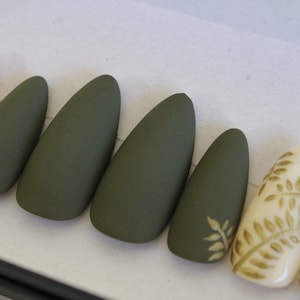 Green and Gold Leaf Press On Nails - Matte Green, Ivory, and Gold Leaves Press On Nail Set - Fall Nails, Winter Nails, Gold Nails