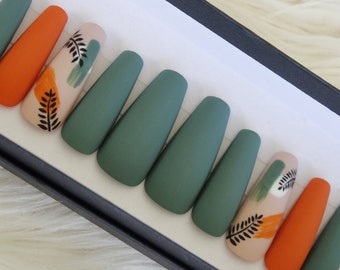 Green and Orange Fall Press On Nail Set - Hand-Painted Abstract Leaf Nails