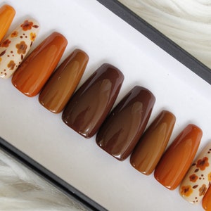 Fall Flower Press On Nails: Brown Orange Gradient Nail Set