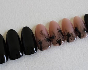 Zombie Halloween Press On Nails - 10 or 20pc Zombie Hands Press On Nail Set - Halloween Nails, Black Nails