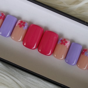 Flower French Tip Press On Nails: Pink & Purple Summer Nails