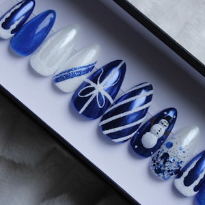 Blue and White Christmas Nails - 10 or 20 Piece Press On Nails - Christmas Nails, Xmas Nails, Winter Nails, Blue Nails, Ice Nails