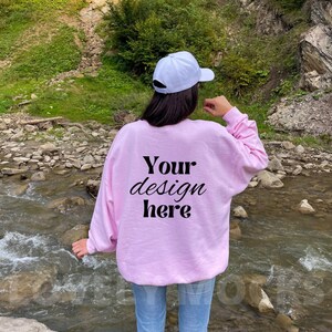 Back of gildan 18000 mockup | Gildan light pink sweatshirt mockup | outodoor mockup | nature mockup