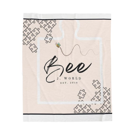 Bee JsWorld Cozy Blanket  Script Logo with Puzzle Piece Accent, Pastel Pink