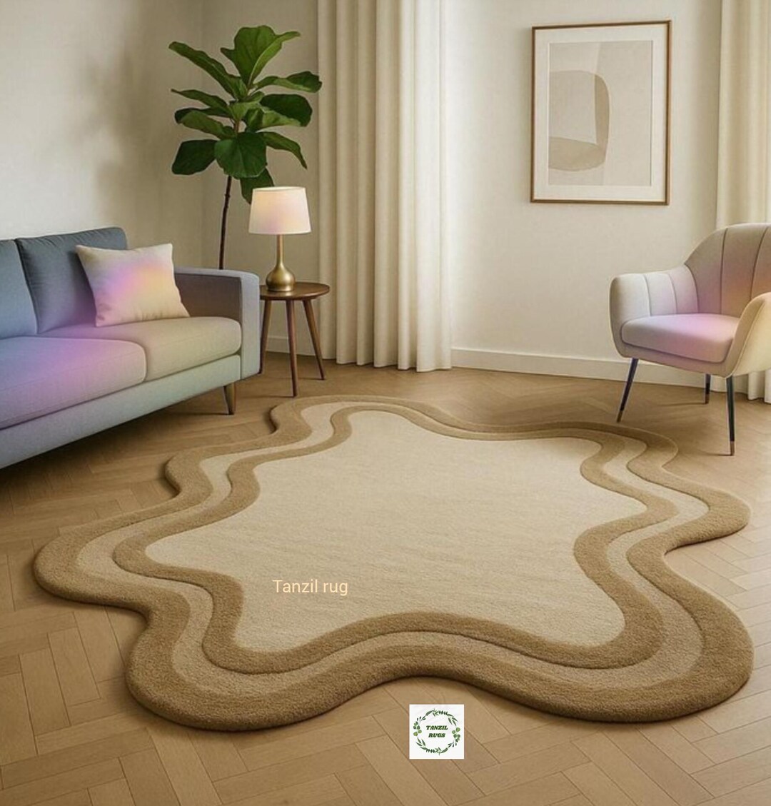 Hand-tufted Wool Curve Rug, Beige & Dark Beige, Handwoven - Etsy