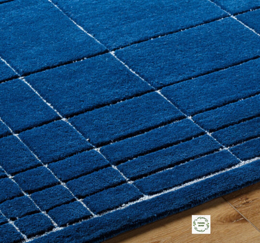 New Modern Hand Tufted Box Liner Rug | Blue Wool Area Rug -handmade ...