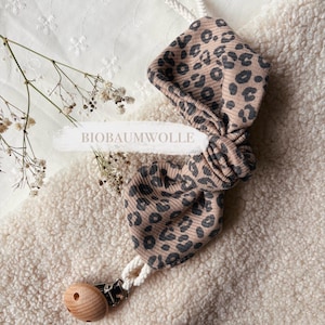 Cadena para chupete de jersey de algodón orgánico | Bonita correa para chupete | Estampado minimalista de leopardo | Regalo perfecto para un recién nacido