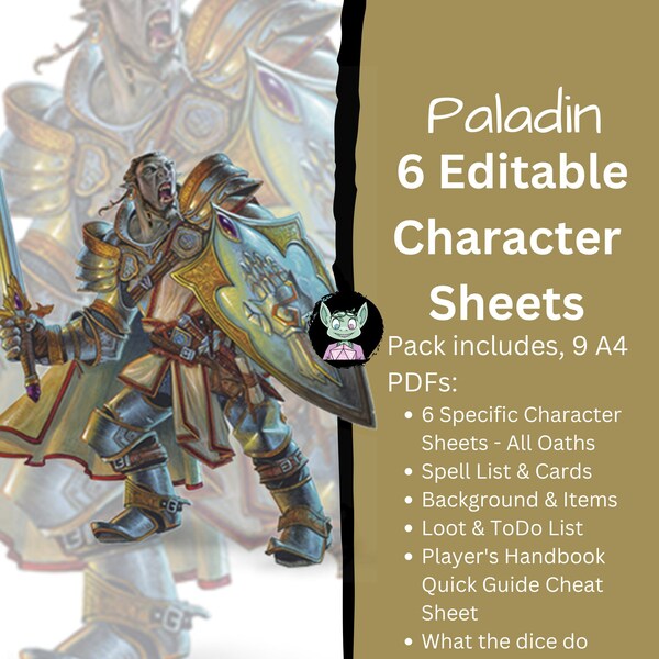 Paladin Dungeons and Dragons Character Sheet | 12 Editable PDFs | A4 Printable | D&D 5e | 5th Edition Digital Sheets | Cheat Sheet