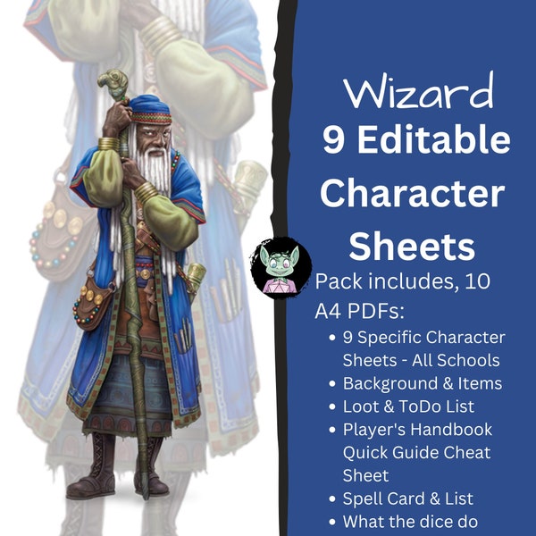 Wizard DnD Character Sheet | 14 Editable PDFs |  A4 Printable | D&D 5e | 5th Edition Digital Sheets | Cheat Sheet