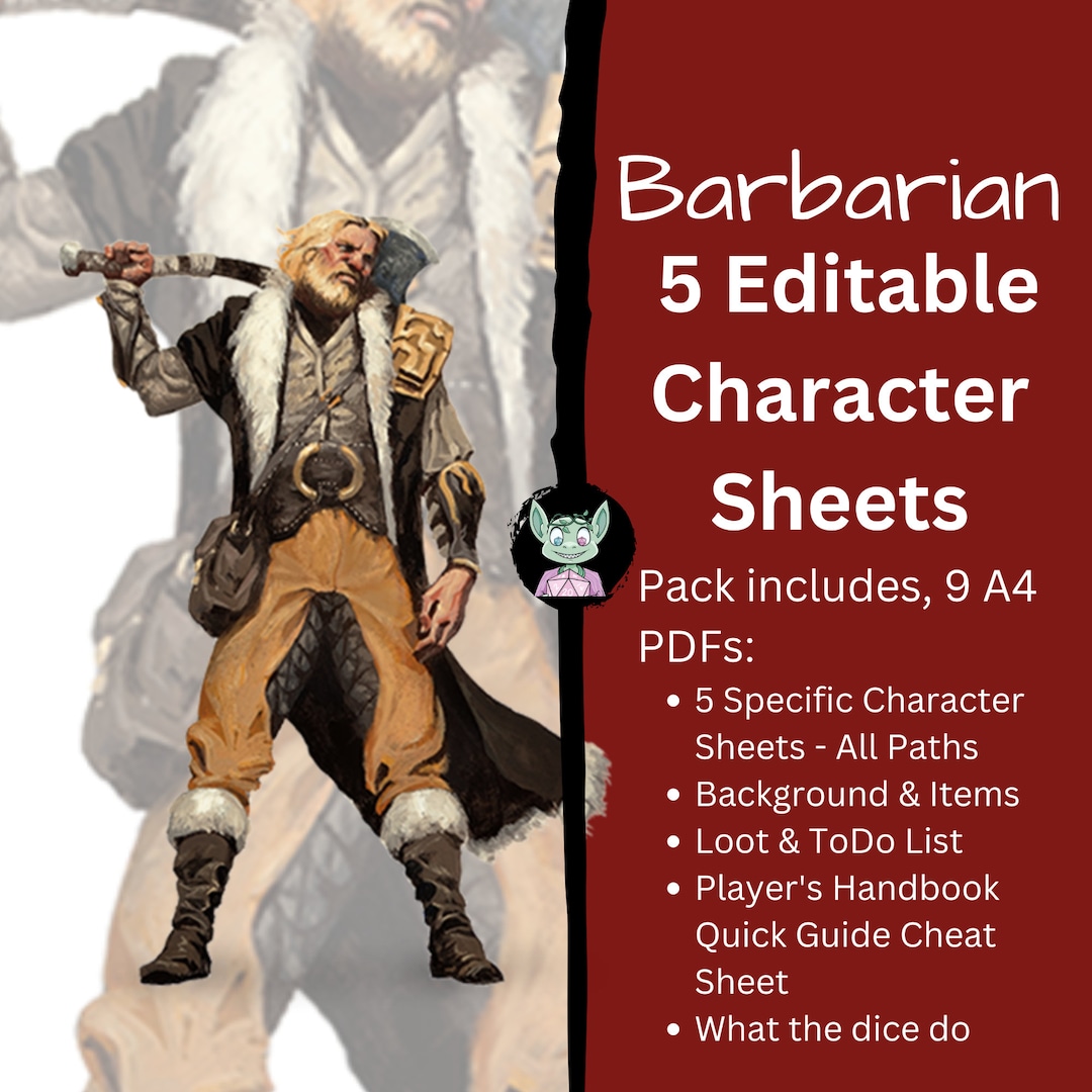 Character Sheet Barbarian 9 Editable Pdfs A4 Printable D&D 5e 5th