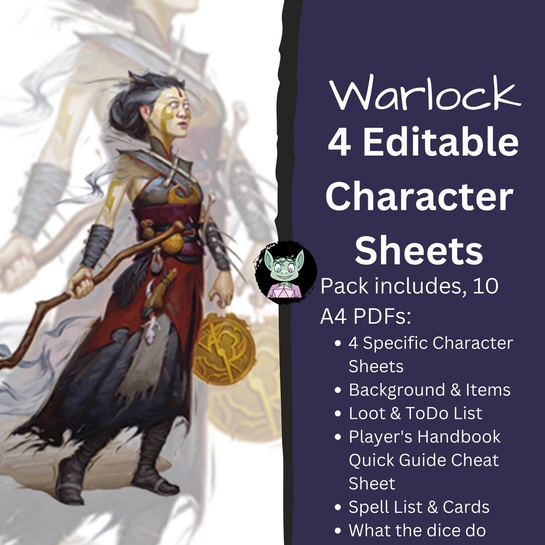 Warlock Dungeons and Dragons Character Sheet 9 Editable Pdfs A4 ...