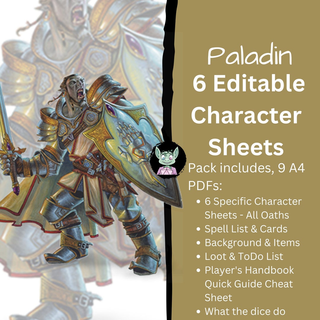 Paladin Dungeons and Dragons Character Sheet 12 Editable Pdfs A4 Printable D&D 5e 5th Edition