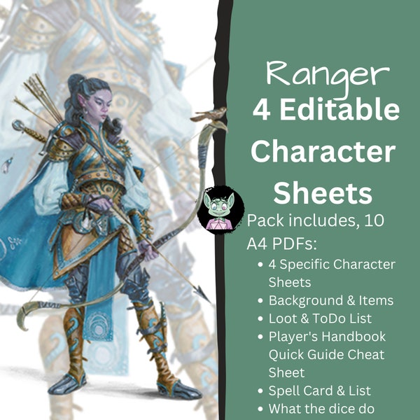 Ranger Dungeons and Dragons Character Sheet | 9 Editable PDFs |  A4 Printable | D&D 5e | 5th Edition Digital Sheets | Cheat Sheet