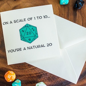 DnD 'Natural 20' Celebration Card, featuring a vibrant turquoise D20 this card will really standout on any sideboard. Perfect Dnd gift