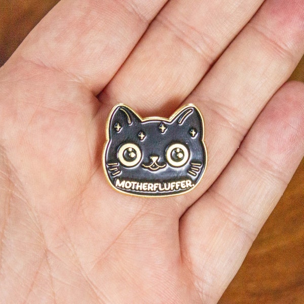 Motherfluffer Black Cat Badge Enamel Pin Broach Dnd Dungeons and Dragons Gold Lined Humerous Joke Gift