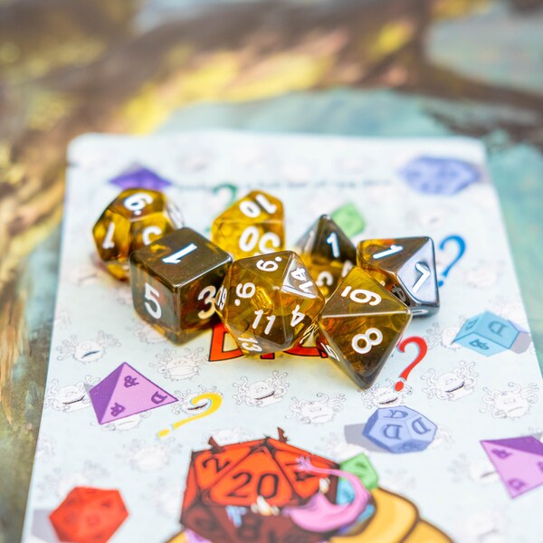 Yellow Tiger Eye DnD Dice Set, two-toned of yellow and black making an eye catching design for your Dungeons and Dragons game