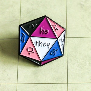 DnD He/They Enamel Pin, D20 Black White Pink Purple dungeons and dragons non-binary he they pronoun badge pride