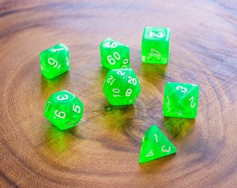 Radiant Green DnD Dice Set | Completely see through Green | Dungeons and Dragons Green Dice  (7) | Polyhedral Dice