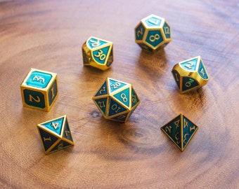 Blue and Gold Metal Dice Set | Dungeons and Dragons DnD Dice