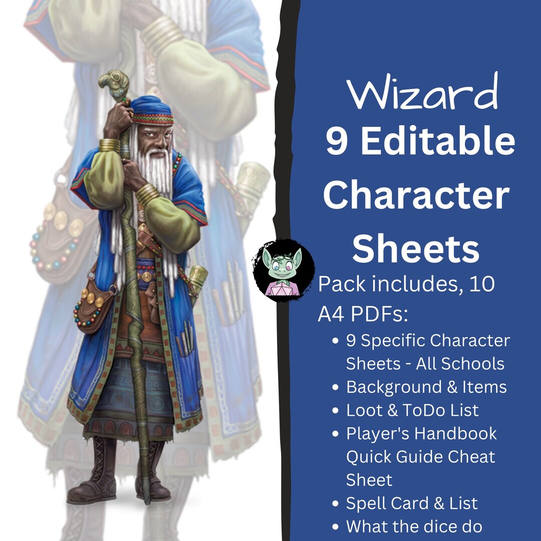 Wizard Dnd Character Sheet 14 Editable Pdfs A4 Printable D&amp;D 5e 5th ...