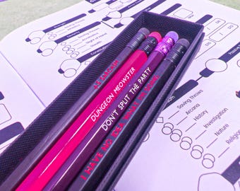 DnD Pencils | Dungeon Meowster | DnD Meme pencils | DnD Gifts | DnD Notebook | RPG | TTRPG | Tabletop gifts | DnD Novelty Pencils