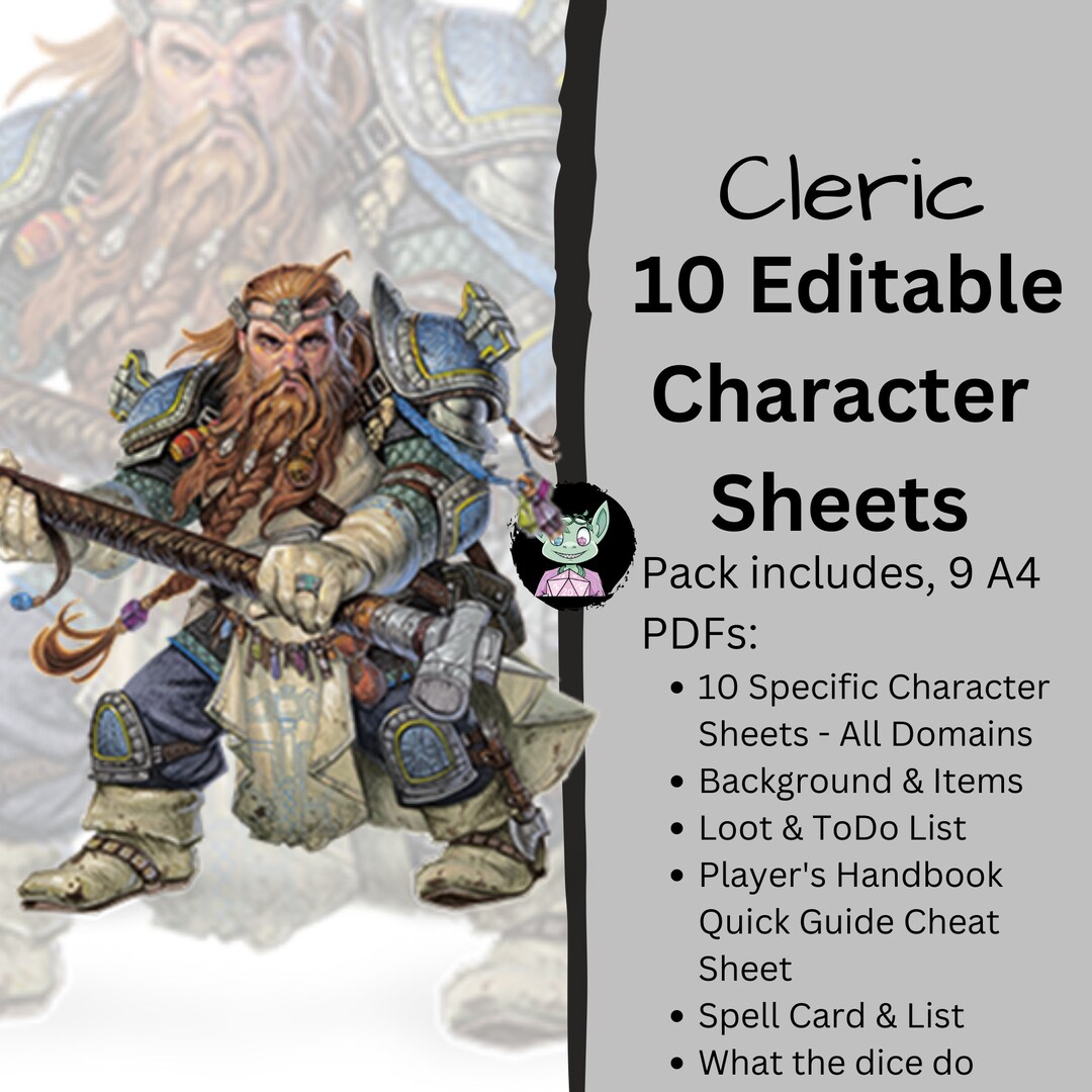 Cleric Dungeons and Dragons Character Sheet 9 Editable Pdfs A4 ...