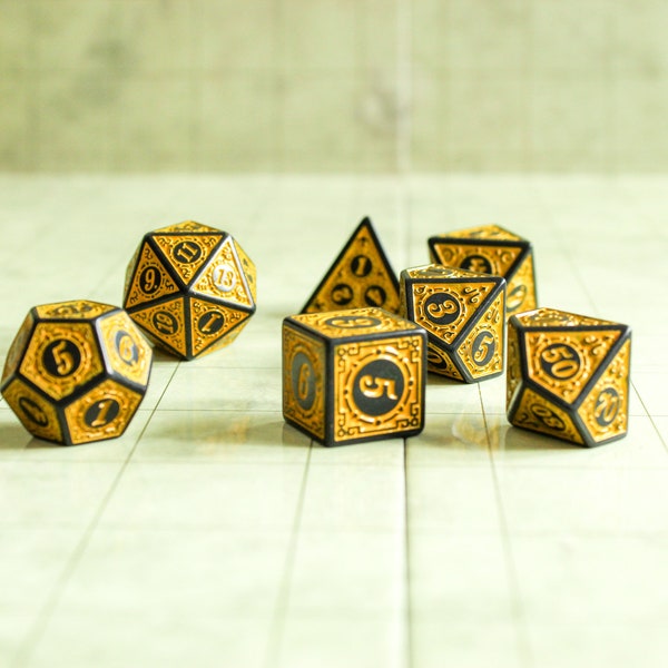 Yellow Zoltar DnD Dice Set | Dungeons and Dragons Yellow Zoltar Dice (7) | Polyhedral Dice | DND | Chunky Dice | Old Fahsioned | Black Lined