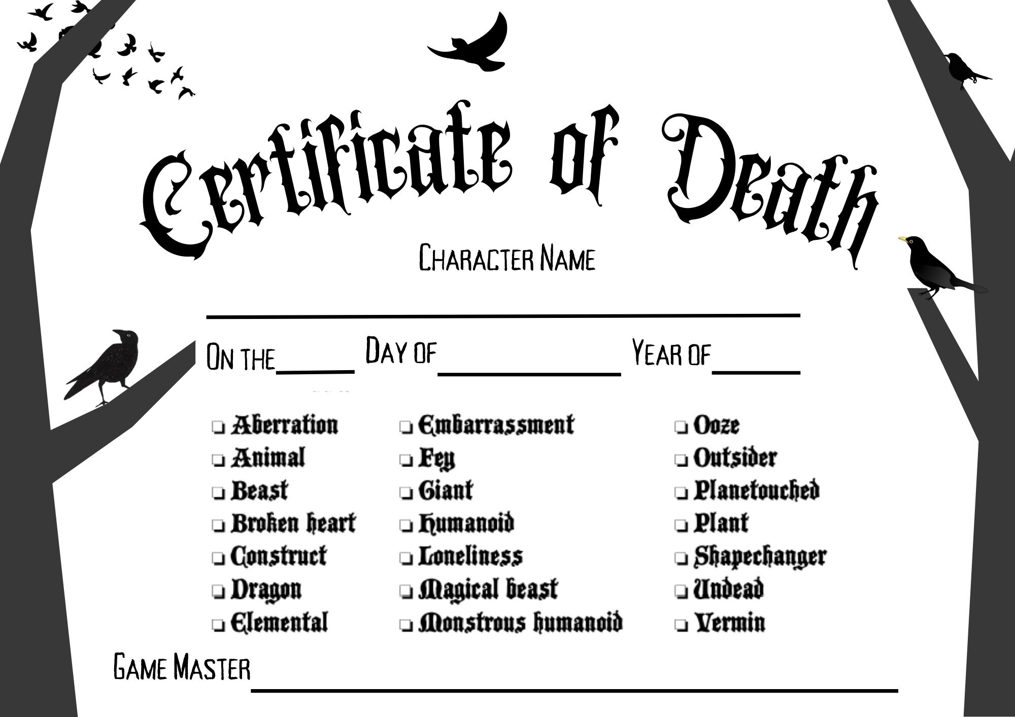 Dnd Character Death Certificate Dungeons and Dragons Etsy UK