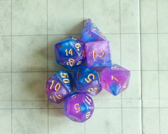 Mermaid Dice Set | for DnD | Dungeons and Dragons (7) | Polyhedral Dice Blue and Pink Misty Glitter Sparkle Dice with Gold Writing