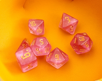 Rose Fog DnD Dice, featuring mesmerizing gold specks inside. With gothic numbering these dice would be perfect for any DnD Spellcaster