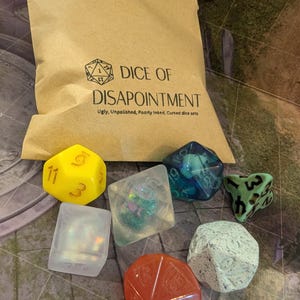 Dice of Disappointment | Mystery Dice for DnD & Pathfinder board games | Ugly, Unpolished, Poorly Inked, Cursed dice sets