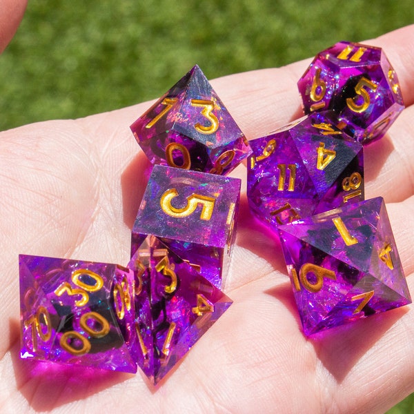 Purple DnD Dice.  Sharp Edge Dice Set that shimmers in the light - where precision and style meet. Perfect for any sorcerers spell