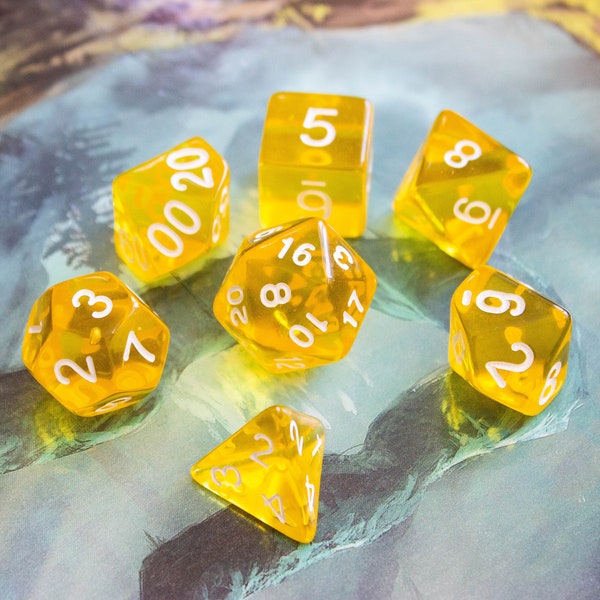 Transparent Yellow DnD Dice Set | Completely see through yellow | Dungeons and Dragons Yellow Dice  (7) | Polyhedral Dice