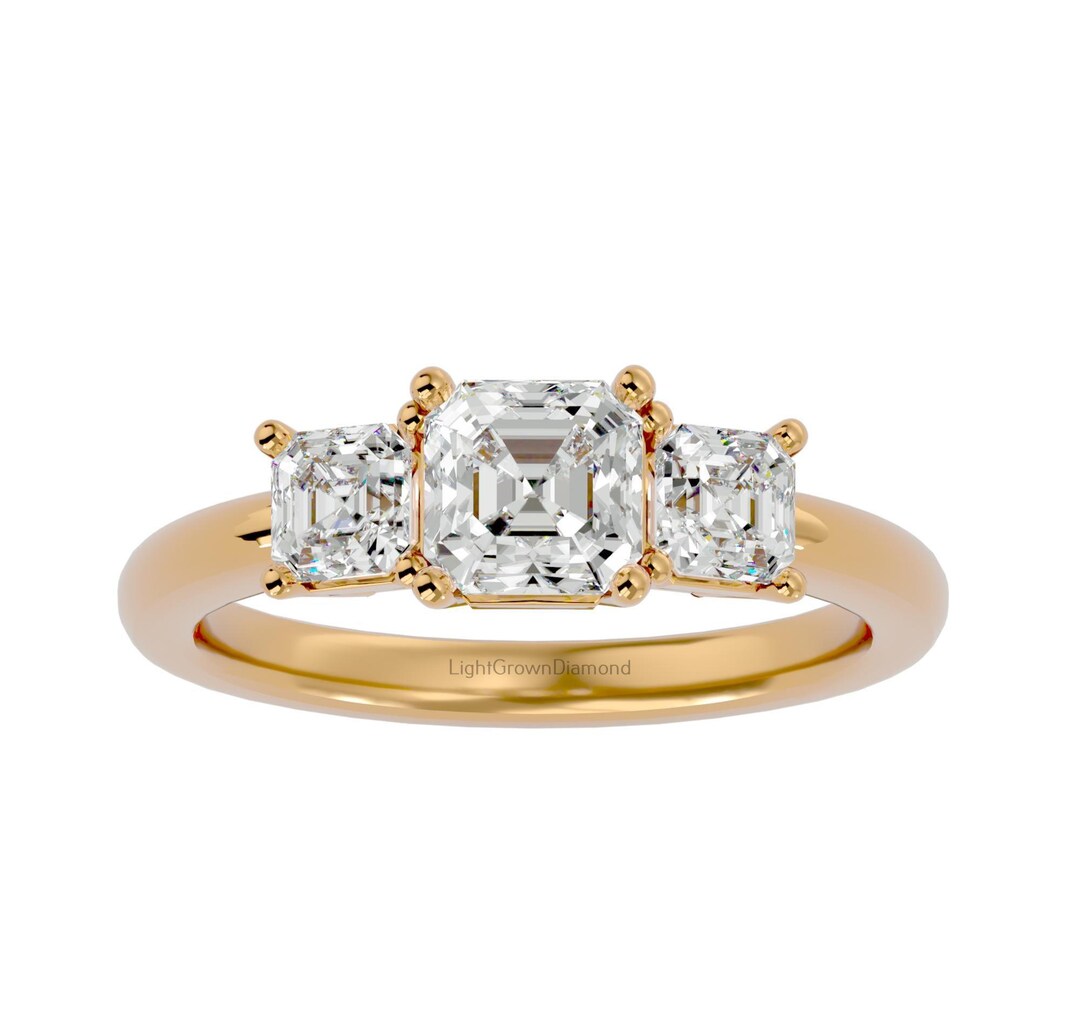 Asscher Cut Lab Grown Diamond Three Stone Ring: 18K Yellow Gold ...