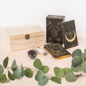 Gold Foil Tarot Card Deck Gift Set with Guide Book, Amethyst Crystal and Sage in a Beautiful Engraved Wood Storage Box