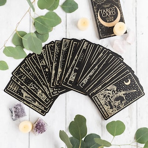 NUEVAS cartas de tarot de tamaño más pequeño en lámina dorada y negra para principiantes y tarot avanzados, Navidad, espiritual, bruja, meditación, tarot negro