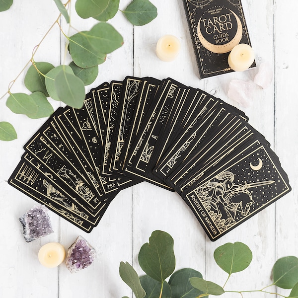 NEW smaller size Gold Foil and Black Tarot Cards for Beginners and Advanced Tarot, Christmas, spiritual, witch, meditation, black tarot