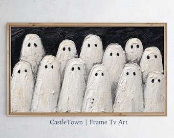 May include: A rectangular framed wall art piece featuring a textured oil painting of a group of white ghosts with black eyes against a solid black background. The text CastleTown | Frame Tv Art is printed in blue at the bottom of the image.