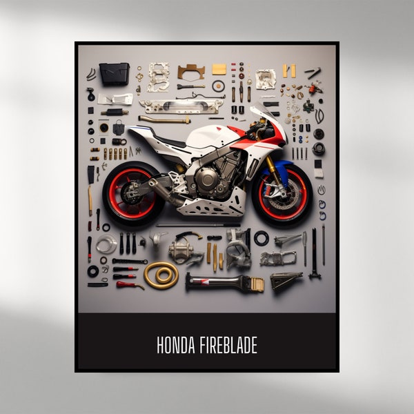 Honda Fireblade digitale poster - Honda knolling poster - Motorbike Wall Art - Bike Decor - Honda Fireblade Art - Racefietsen downloaden