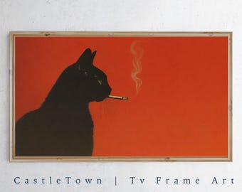 Stampa artistica di un gatto nero che fuma per Samsung Frame TV / Download digitale di un gatto vintage retrò / Arte per cornice TV / Estetica rossa malinconica I Dopamine Decor