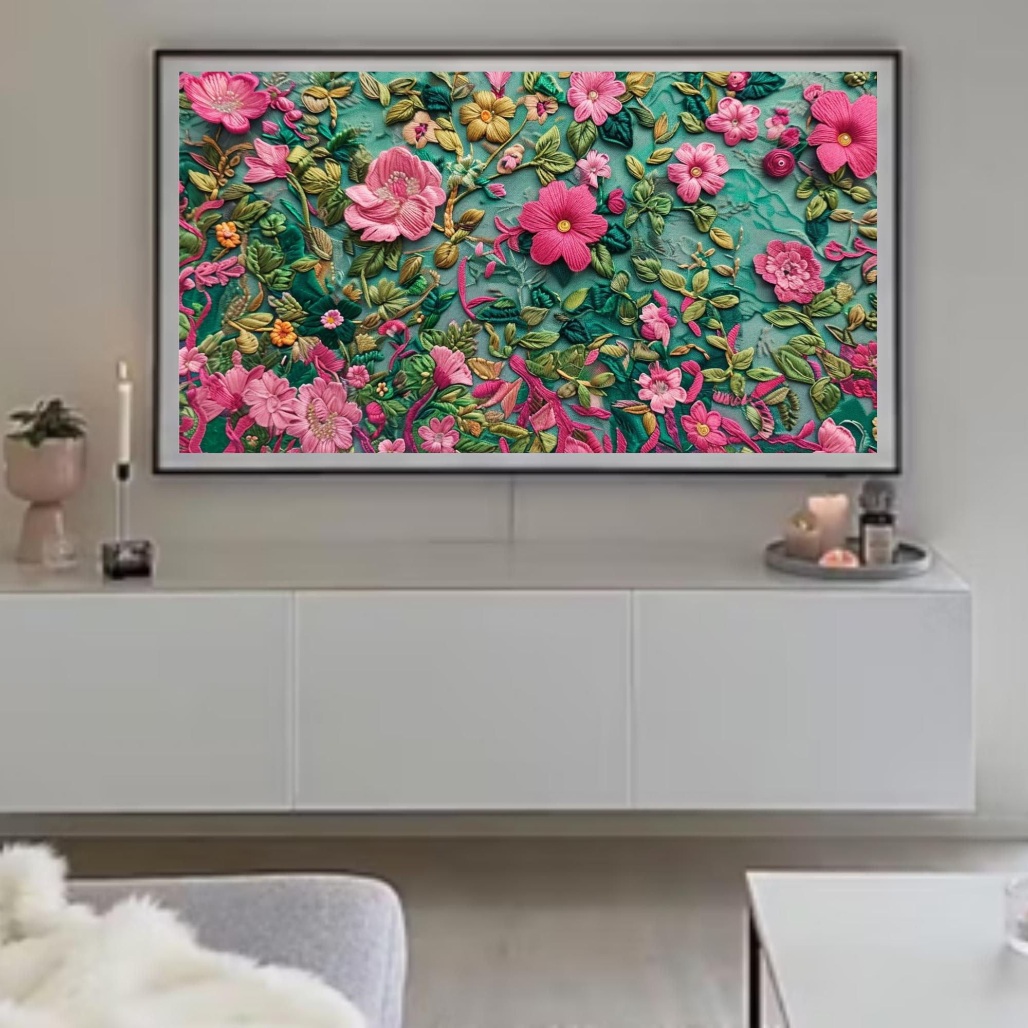 Floral Embroidery TV Frame Art: Cottagecore TV Screen Decor (digital ...