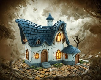 Könnte beinhalten: Ein märchenhaftes Haus mit blauem Ziegeldach und kleinem Turm. Das Haus hat gewölbte Fenster mit warmem Schein, eine Holztür und steht auf einem Steinweg. Die Fassade ist weiß mit dekorativen Rissen.