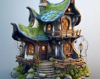 Könnte beinhalten: Ein skurriles zweistöckiges Cottage mit einem moosbedeckten Dach und blauen Fliesenakzenten. Das Cottage verfügt über gewölbte Fenster, Holzbalkone und eine Steintreppe, die zur Eingangstür führt. Laternen hängen von den Dachvorsprüngen, und die Struktur ist von Grün umgeben.